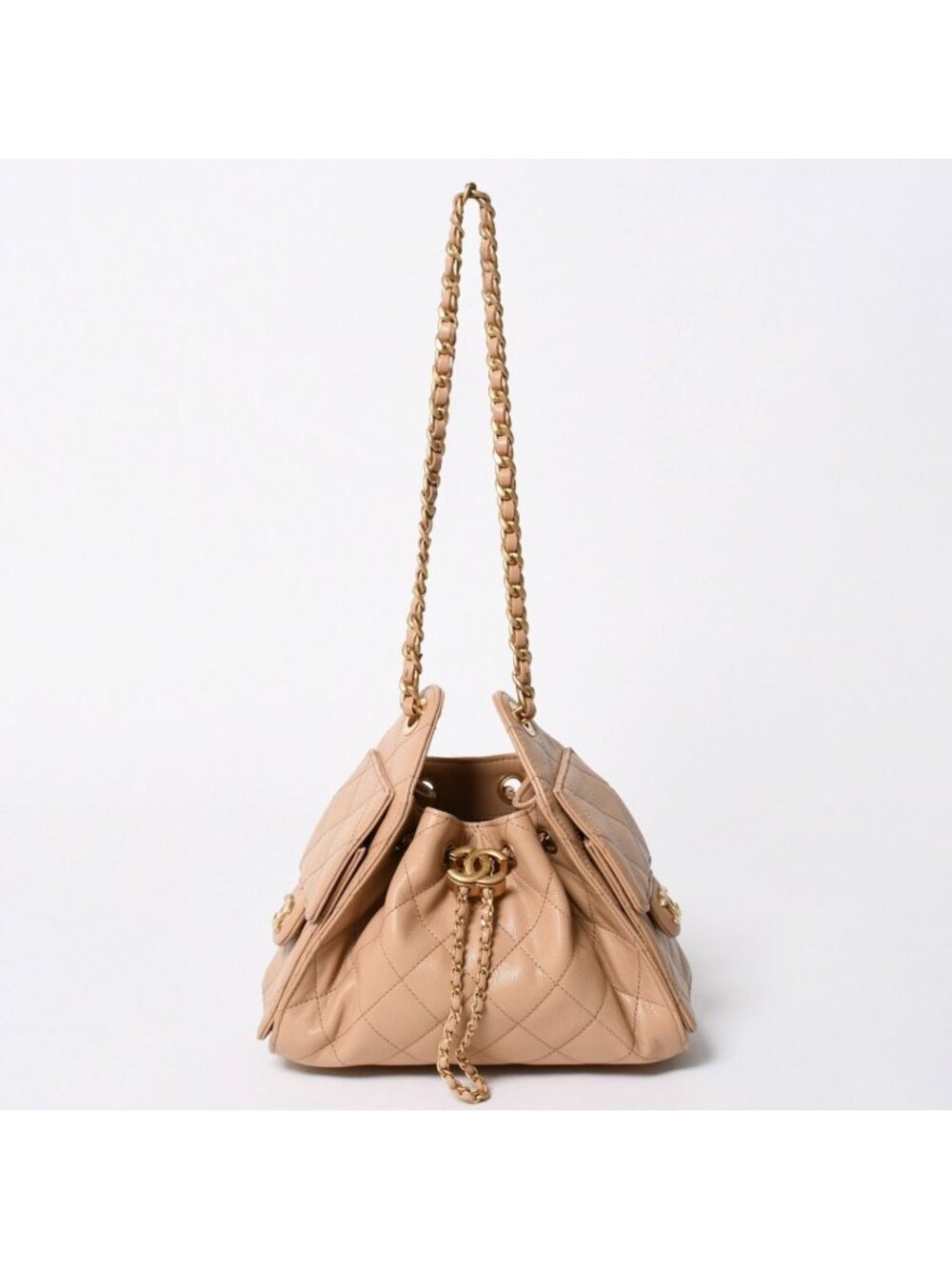 Chanel 25 Chain Shoulder Bag Caviar Leather Beige Champagne Gold